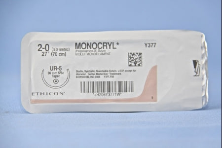 Monocryl - Suture with Needle Absorbable Uncoated Violet Suture Monofilament Poliglecaprone Size 2 - 0 27 Inch Suture 1-Needle 36.4 mm Length 5/8 Circle Taper Point Needle - Y377H