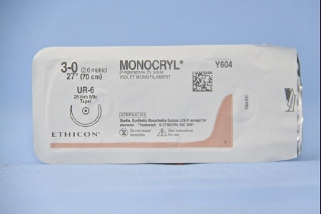 J & J Healthcare Systems Monocryl Suture with Needle Absorbable Uncoated Violet Suture Monofilament Poliglecaprone Size 3-0 27 Inch Suture 1-Needle 26 mm Length 5/8 Circle Taper Point Needle - Y604H
