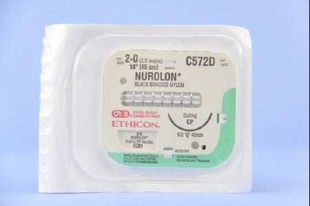J & J Healthcare Systems Nurolon Suture with Needle Nonabsorbable Coated Black Suture Braided Nylon Size 2-0 18 Inch Suture 1-Needle 40 mm Length 1/2 Circle Reverse Cutting Needle - C572D