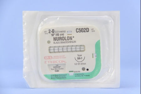 Nurolon - Suture with Needle Nonabsorbable Coated Black Suture Braided Nylon Size 2 - 0 18 Inch Suture 1-Needle 22 mm Length 1/2 Circle Taper Point Needle - C502D