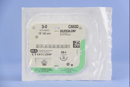 Nurolon - Suture with Needle Nonabsorbable Coated Black Suture Braided Nylon Size 3 - 0 18 Inch Suture 1-Needle 17 mm Length 1/2 Circle Taper Point Needle - C553D