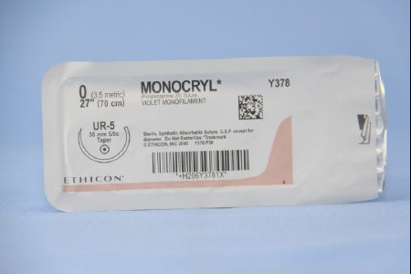 J & J Healthcare Systems Monocryl Suture with Needle Absorbable Uncoated Violet Suture Monofilament Poliglecaprone Size 0 27 Inch Suture 1-Needle 36.4 mm Length 5/8 Circle Taper Point Needle - Y378H