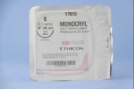 J & J Healthcare Systems Monocryl Suture with Needle Absorbable Uncoated Violet Suture Monofilament Poliglecaprone Size 0 18 Inch Suture 1-Needle 36.4 mm Length 1/2 Circle Taper Point Needle - Y701D