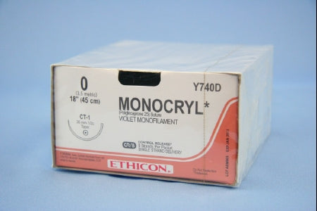 Monocryl - Suture with Needle Absorbable Uncoated Violet Suture Monofilament Poliglecaprone Size 0 18 Inch Suture 1-Needle 36 mm Length 1/2 Circle Taper Point Needle - Y740D