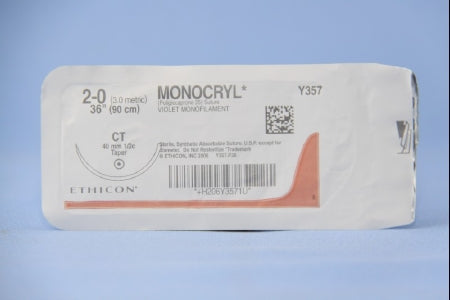 J & J Healthcare Systems Monocryl Suture with Needle Absorbable Uncoated Violet Suture Monofilament Poliglecaprone Size 2-0 36 Inch Suture 1-Needle 40 mm Length 1/2 Circle Taper Point Needle - Y357H