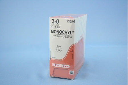J & J Healthcare Systems Monocryl Suture with Needle Absorbable Uncoated Violet Suture Monofilament Poliglecaprone Size 3-0 27 Inch Suture 1-Needle 17 mm Length 1/2 Circle Taper Point Needle - Y305H