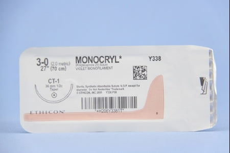 J & J Healthcare Systems Monocryl Suture with Needle Absorbable Uncoated Violet Suture Monofilament Poliglecaprone Size 3-0 27 Inch Suture 1-Needle 36 mm Length 1/2 Circle Taper Point Needle - Y338H