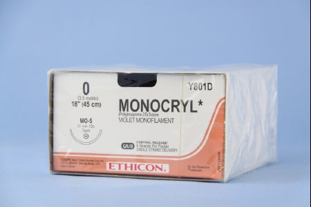 J & J Healthcare Systems Monocryl Suture with Needle Absorbable Uncoated Violet Suture Monofilament Poliglecaprone Size 0 18 Inch Suture 1-Needle 31 mm Length 1/2 Circle Taper Point Needle - Y801D