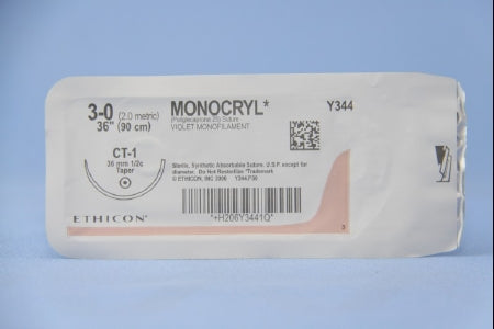 J & J Healthcare Systems Monocryl Suture with Needle Absorbable Uncoated Violet Suture Monofilament Poliglecaprone Size 3-0 36 Inch Suture 1-Needle 36 mm Length 1/2 Circle Taper Point Needle - Y344H