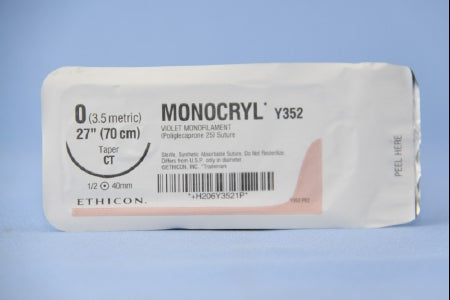 J & J Healthcare Systems Monocryl Suture with Needle Absorbable Uncoated Violet Suture Monofilament Poliglecaprone Size 0 27 Inch Suture 1-Needle 40 mm Length 1/2 Circle Taper Point Needle - Y352H