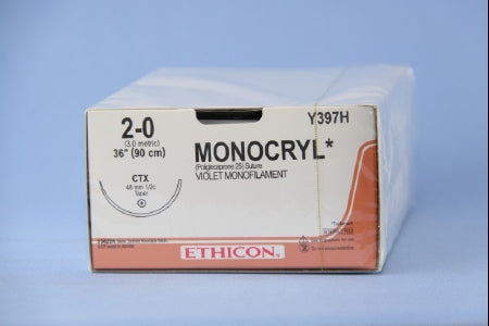 J & J Healthcare Systems Monocryl Suture with Needle Absorbable Uncoated Violet Suture Monofilament Poliglecaprone Size 2-0 36 Inch Suture 1-Needle 48 mm Length 1/2 Circle Taper Point Needle - Y397H