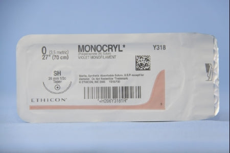 J & J Healthcare Systems Monocryl Suture with Needle Absorbable Uncoated Violet Suture Monofilament Poliglecaprone Size 0 27 Inch Suture 1-Needle 26 mm Length 1/2 Circle Taper Point Needle - Y318H