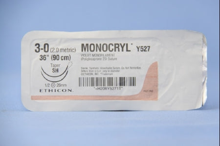 J & J Healthcare Systems Monocryl Suture with Needle Absorbable Uncoated Violet Suture Monofilament Poliglecaprone Size 3-0 36 Inch Suture Double-Armed 26 mm Length 1/2 Circle Taper Point Needle - Y527H