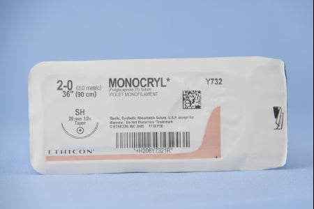 J & J Healthcare Systems Monocryl Suture with Needle Absorbable Uncoated Violet Suture Monofilament Poliglecaprone Size 2-0 36 Inch Suture 1-Needle 26 mm Length 1/2 Circle Taper Point Needle - Y732H