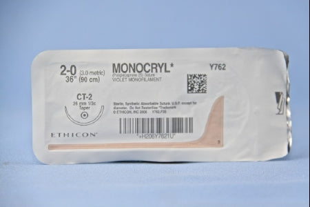 J & J Healthcare Systems Monocryl Suture with Needle Absorbable Uncoated Violet Suture Monofilament Poliglecaprone Size 2-0 36 Inch Suture 1-Needle 26 mm Length 1/2 Circle Taper Point Needle - Y732H