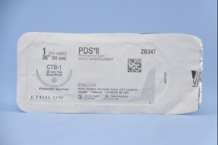 J & J Healthcare Systems PDS II Suture with Needle Absorbable Uncoated Violet Suture Monofilament Polydioxanone Size 1 36 Inch Suture 1-Needle 36.4 mm Length 1/2 Circle Blunt Point Needle - ZB347