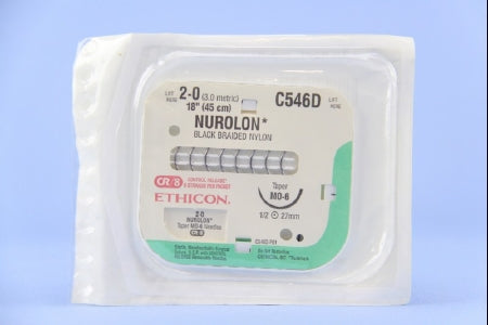Nurolon - Suture with Needle Nonabsorbable Coated Black Suture Braided Nylon Size 2 - 0 18 Inch Suture 1-Needle 26 mm Length 1/2 Circle Taper Point Needle - C546D