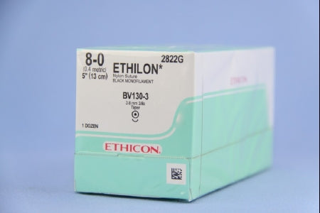 J & J Healthcare Systems Ethilon Suture with Needle Nonabsorbable Uncoated Black Suture Monofilament Nylon Size 8-0 5 Inch Suture 1-Needle 3.8 mm Length 3/8 Circle Taper Point Needle - 2822G