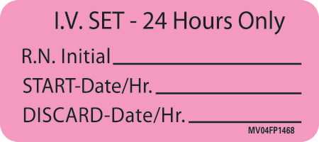 Precision Dynamics MedVision Pre-Printed Label Instructional Label I.V. Set-24 Hours Only, R.N. Initial, Start-Date/Hr., Discard-Date/Hr. Fluorescent Pink 1 X 2-1/4 Inch - V04FP1468