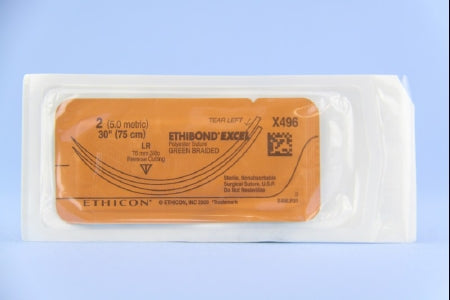 Ethibond - Suture with Needle Nonabsorbable Coated Green Suture Braided Polyester Size 2 30 Inch Suture Double-Armed 75 mm Length 3/8 Circle Reverse Cutting Needle - X496T