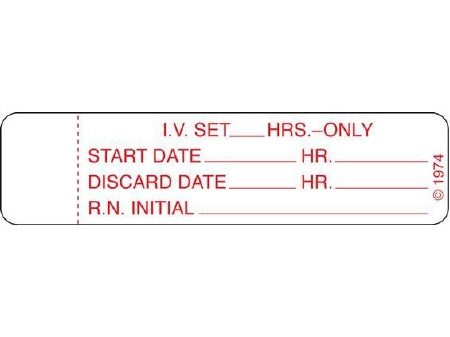 Shamrock Scientific Pre-Printed Label Instructional Label I.V. SET - _____ HRS. - ONLY / START DATE_____ HR._____ / DISCARD DATE_____ HR._____ / R.N. INITIAL__________ White 3 X 3/4 Inch - IV-3
