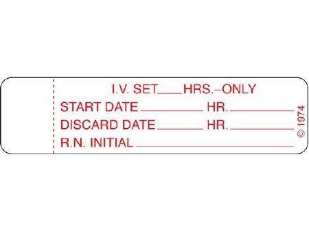 Shamrock - Pre-Printed Label Advisory Label White Paper I.V. SET – _____ HRS. – ONLY / START DATE_____ HR._____ / DISCARD DATE_____ HR._____ / R.N. INITIAL__________ Red IV Tube 3/4 X 3 Inch - IV-3