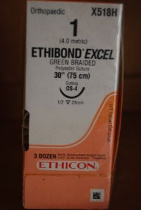 Ethibond - Suture with Needle Nonabsorbable Coated Green Suture Braided Polyester Size 1 30 Inch Suture 1-Needle 22 mm Length 1/2 Circle Reverse Cutting Needle - X518H