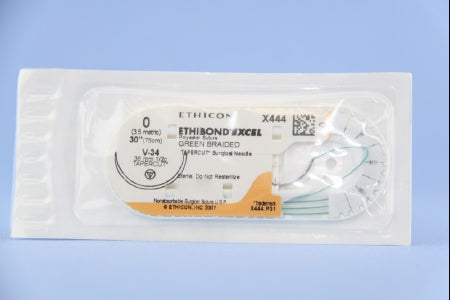 Ethibond - Suture with Needle Nonabsorbable Coated Green Suture Braided Polyester Size 0 30 Inch Suture 1-Needle 36.4 mm Length 1/2 Circle Taper Cut Needle - X444H