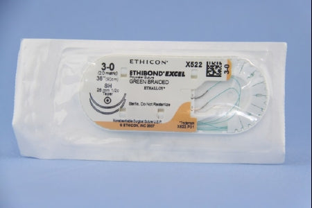 Ethibond - Suture with Needle Nonabsorbable Coated Green Suture Braided Polyester Size 3 - 0 36 Inch Suture Double-Armed 26 mm Length 1/2 Circle Taper Point Needle - X522H