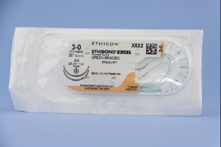 J & J Healthcare Systems Ethibond Suture with Needle Nonabsorbable Coated Green Suture Braided Polyester Size 3-0 36 Inch Suture Double-Armed 26 mm Length 1/2 Circle Taper Point Needle - X522H