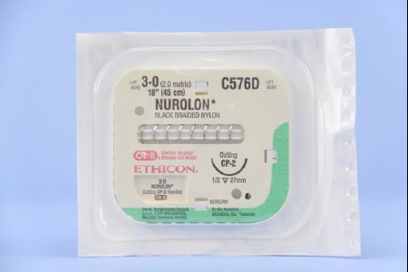 Nurolon - Suture with Needle Nonabsorbable Coated Black Suture Braided Nylon Size 3 - 0 18 Inch Suture 1-Needle 26 mm Length 1/2 Circle Reverse Cutting Needle - C576D