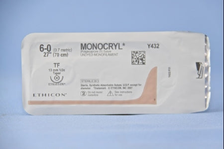 J & J Healthcare Systems Monocryl Suture with Needle Absorbable Uncoated Undyed Suture Monofilament Poliglecaprone Size 6-0 27 Inch Suture 1-Needle 13 mm Length 1/2 Circle Taper Point Needle - Y432H