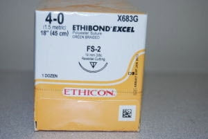 Ethibond - Suture with Needle Nonabsorbable Coated Green Suture Braided Polyester Size 4 - 0 18 Inch Suture 1-Needle 19 mm Length 3/8 Circle Reverse Cutting Needle - X683G