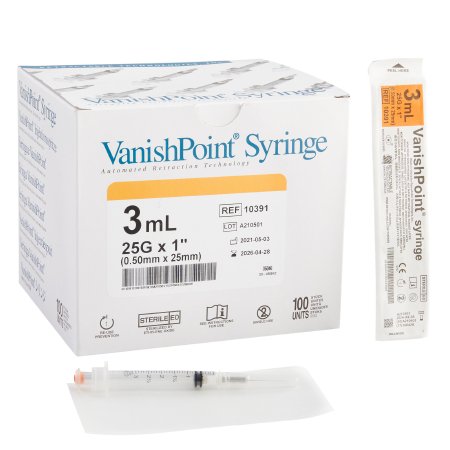 VanishPoint - Syringe with Hypodermic Needle 3 mL 25 Gauge 1 Inch Regular Wall Retractable Safety Needle - 10391