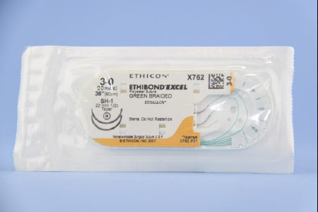 Ethibond - Suture with Needle Nonabsorbable Coated Green Suture Braided Polyester Size 3 - 0 36 Inch Suture Double-Armed 22 mm Length 1/2 Circle Taper Point Needle - X762H