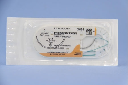 J & J Healthcare Systems Ethibond Suture with Needle Nonabsorbable Coated Green Suture Braided Polyester Size 1 30 Inch Suture 1-Needle 48 mm Length 1/2 Circle Taper Point Needle - X865H