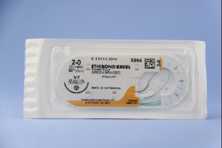 Ethibond - Suture with Needle Nonabsorbable Coated Green Suture Braided Polyester Size 2 - 0 30 Inch Suture 1-Needle 26 mm Length 1/2 Circle Taper Cut Needle - X964H