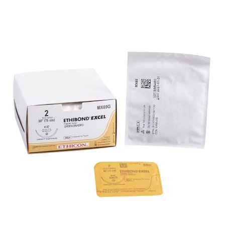 Ethibond - Suture with Needle Nonabsorbable Coated Green Suture Braided Polyester Size 2 30 Inch Suture 1-Needle 40 mm Length 1/2 Circle Taper Point Cutting Needle - MX69G