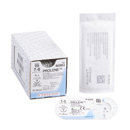 Prolene - Suture with Needle Nonabsorbable Uncoated Blue Suture Monofilament Polypropylene Suture Size 7 - 0 18 Inch Suture 1-Needle 11 mm Length 3/8 Circle Precision Point - Reverse Cutting Needle - 8696G