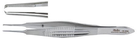 Miltex Miltex Suture Forceps Castroviejo 4 Inch OR Grade Stainless Steel (German) NonSterile NonLocking Thumb Handle Straight Serrated Tips w/1 X 2 Teeth - 18-955