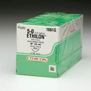 Ethilon - Suture with Needle Nonabsorbable Uncoated Black Suture Monofilament Nylon Size 5 - 0 18 Inch Suture 1-Needle 16 mm Length 1/2 Circle Reverse Cutting Needle - 1661G