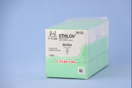 J & J Healthcare Systems Ethilon Suture with Needle Nonabsorbable Uncoated Black Suture Monofilament Nylon Size 9-0 5 Inch Suture 1-Needle 5 mm Length 3/8 Circle Taper Point Needle - 2813G