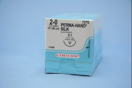 J & J Healthcare Systems Perma-Hand Suture with Needle Nonabsorbable Coated Black Suture Braided Silk Size 2-0 18 Inch Suture 1-Needle 22 mm Length 1/2 Circle Reverse Cutting Needle - 737G