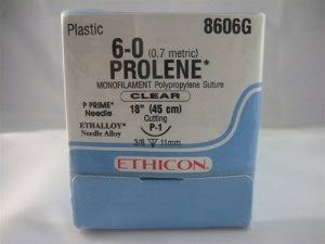 J & J Healthcare Systems Prolene Suture with Needle Nonabsorbable Uncoated Clear Suture Monofilament Polypropylene Suture Size 6-0 18 Inch Suture 1-Needle 11 mm Length 3/8 Circle Precision Point - Reverse Cutting Needle - 8606G