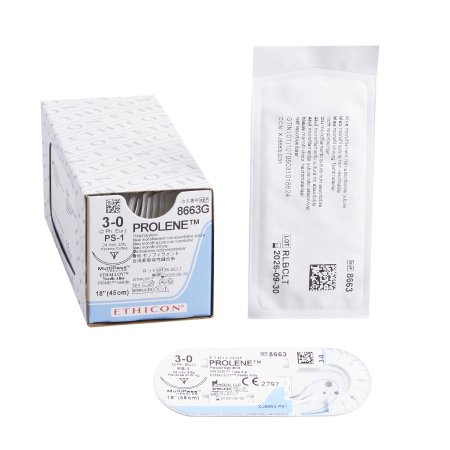 Prolene - Suture with Needle Nonabsorbable Uncoated Blue Suture Monofilament Polypropylene Suture Size 3 - 0 18 Inch Suture 1-Needle 24 mm Length 3/8 Circle Precision Point - Reverse Cutting Needle - 8663G