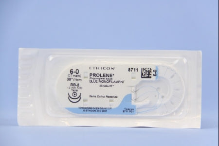J & J Healthcare Systems Prolene Suture with Needle Nonabsorbable Uncoated Blue Suture Monofilament Polypropylene Suture Size 6-0 30 Inch Suture Double-Armed 13 mm Length 1/2 Circle Taper Point Needle - 8711H