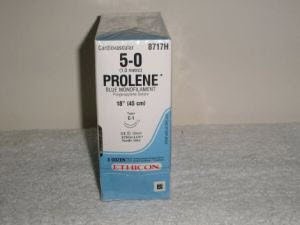 Prolene - Suture with Needle Nonabsorbable Uncoated Blue Suture Monofilament Polypropylene Suture Size 5 - 0 18 Inch Suture Double-Armed 12 mm Length 3/8 Circle Taper Point Needle - 8717H