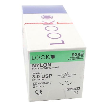 LOOK - Suture with Needle Nonabsorbable Uncoated Black Suture Monofilament Nylon Size 3 - 0 18 Inch Suture 1-Needle 19 mm Length 3/8 Circle Reverse Cutting Needle - 928B