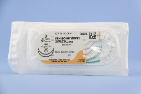 Ethibond - Suture with Needle Nonabsorbable Coated Green Suture Braided Polyester Size 0 36 Inch Suture Double-Armed 26 mm Length 1/2 Circle Taper Point Needle - X524H