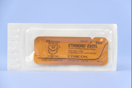 Ethibond - Suture with Needle Nonabsorbable Coated Green Suture Braided Polyester Size 2 - 0 30 Inch Suture Double-Armed 17 mm Length 1/2 Circle Taper Cut Needle - X937H